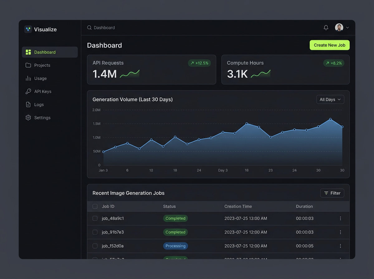 Dark Nib dashboard showing API requests, compute hours, a generation-volume chart, and recent image jobs.